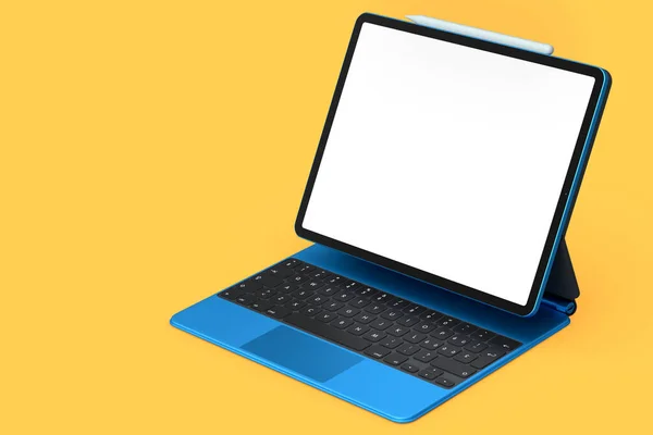 Tablet Computador Azul Com Teclado Tela Branco Isolado Fundo Laranja — Fotografia de Stock