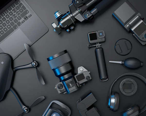 Top view of designer workspace and gear like nonexistent DSLR , lens, drone, tripod and action camera on black table background. 3d rendering of accessories for drawing and photography tools