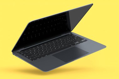 Sarı zemin üzerinde boş beyaz ekran görüntüsü olan gerçekçi alüminyum laptop. Ev stüdyosu çalışma alanı için 3D taşınabilir bilgisayar görüntüleme