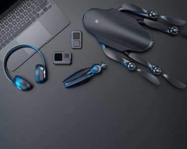 Dizüstü bilgisayar, kulaklık, İHA, tripod ve kamera gibi çalışma alanlarının en üst görüntüsü. Çizim, çizim ve fotoğraf araçları için aksesuarların 3d görüntülenmesi