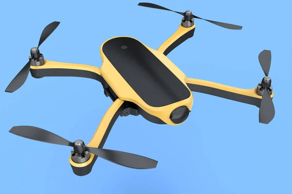 Flying photo and video yellow drone or quadcopter with action camera isolated on blue background. 3D rendering of device for delivery or aerial photography