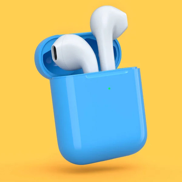 Auriculares Inalámbricos Bluetooth Estuche Azul Aislados Sobre Fondo Naranja Representación — Foto de Stock