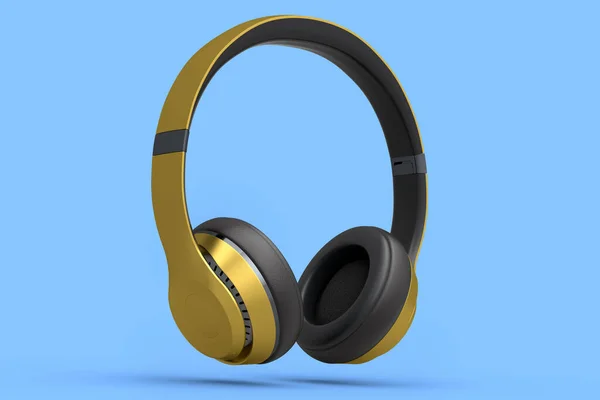 Professional Gold Gaming Headphones Isolated Blue Background Rendering Ear Headphones — Stock Photo, Image