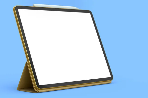 Tableta Ordenador Con Funda Dorada Lápiz Aislado Sobre Fondo Azul — Foto de Stock