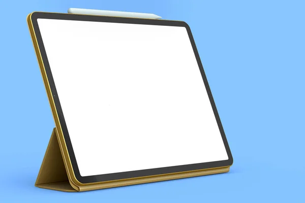 Computer Tablet Mit Goldhülle Und Bleistift Isoliert Auf Blauem Hintergrund — Stockfoto