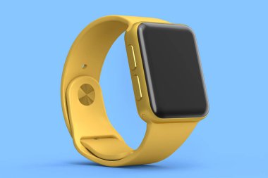 Mavi arka planda deri kayışı olan paslanmaz altın akıllı saat. Giyilebilir aygıt sağlığı ve fitness izleyicisi için 3B yorumlama kavramı