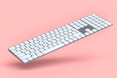 Pembe arka planda numaralandırılmış modern alüminyum bilgisayar klavyesi. Ev ofisi ve çalışma alanı için 3B ekipman hazırlama