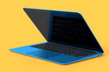 Turuncu arkaplanda boş beyaz ekran görüntüsü olan gerçekçi mavi alüminyum laptop. Ev stüdyosu çalışma alanı için 3D taşınabilir bilgisayar görüntüleme