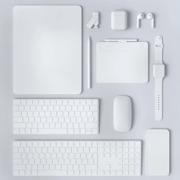 Top View Monochrome Computer Tablet Keyboard Mouse Phone Isolated White — Stock Photo, Image