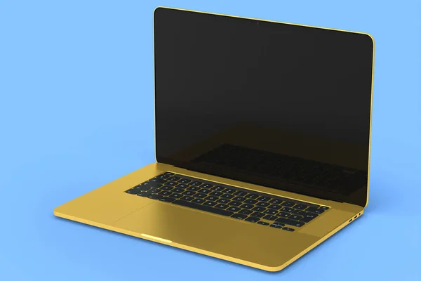 Realistisch Gouden Aluminium Laptop Met Leeg Wit Scherm Geïsoleerd Blauwe — Stockfoto