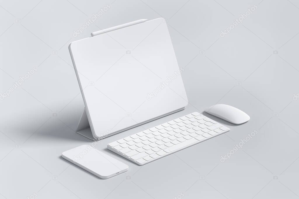 Monochrome computer tablet with keyboard, mouse and phone isolated on white background. 3D rendering concept of creative designer equipment and compact workspace