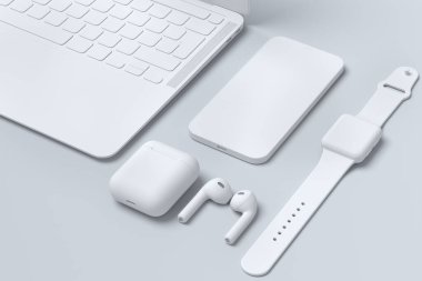 Akıllı saati, kulaklığı ve beyaz arka planda izole edilmiş telefonu olan gerçekçi tek renkli dizüstü bilgisayar. Yaratıcı tasarım ekipmanı ve kompakt çalışma alanı üç boyutlu oluşturma kavramı