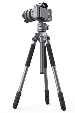 Beyaz arka planda izole edilmiş DSLR kamerası olmayan fotoğraf ve video tripod. Yayınlama ve vloglama için profesyonel fotoğrafçılık ekipmanlarının 3B görüntülenmesi ve çizimi