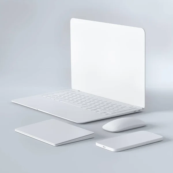 Realistic Monochrome Laptop Trackpad Mouse Phone Isolated White Background Rendering — Stock Photo, Image