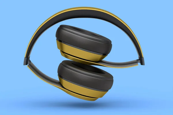 Professzionális Arany Játék Fejhallgató Elszigetelt Kék Háttérrel Fülhallgatók Renderelése Zenei — Stock Fotó