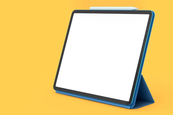 Computer Tablet Mit Blauem Umschlag Und Bleistift Isoliert Auf Orangefarbenem — Stockfoto