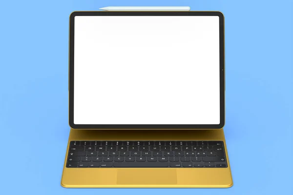 金色のキーボードと青い背景に隔離された空白の画面を持つ金のコンピュータタブレット 創造的なデザイナー機器とコンパクトなワークスペースの3Dレンダリングコンセプト — ストック写真