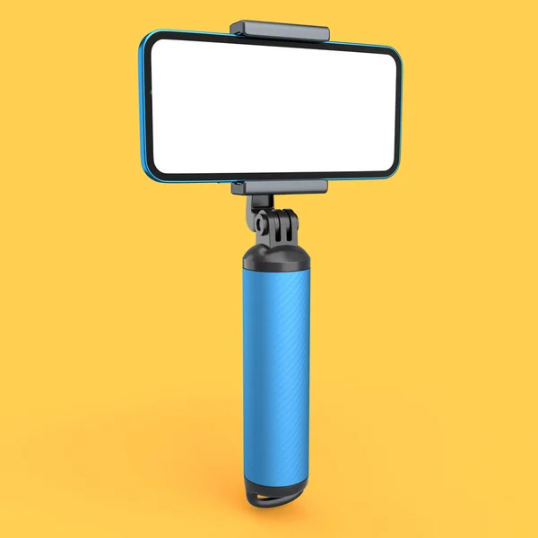 Ρεαλιστικό Smartphone Λευκή Οθόνη Και Selfie Stick Απομονωμένο Πορτοκαλί Φόντο — Φωτογραφία Αρχείου
