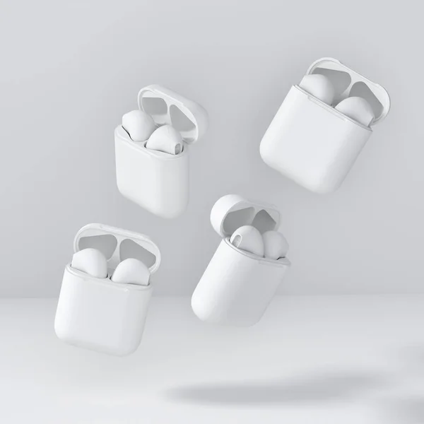 一套单色无线蓝牙耳机 充电箱隔离在白色背景 3D渲染配件 用于聆听音乐或远离家乡的作品 — 图库照片