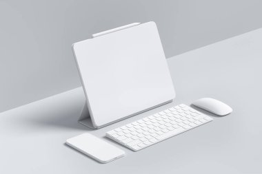 Beyaz arka planda klavye, fare ve telefona sahip tek renkli bilgisayar tableti. Yaratıcı tasarım ekipmanı ve kompakt çalışma alanı üç boyutlu oluşturma kavramı