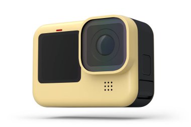 Fotoğraf ve video, beyaz arka planda görüntüsü olan sarı renkli aksiyon kamerası. Sporcular ve seyahatçiler için profesyonel fotoğrafçılık ekipmanlarının 3B yorumlanması