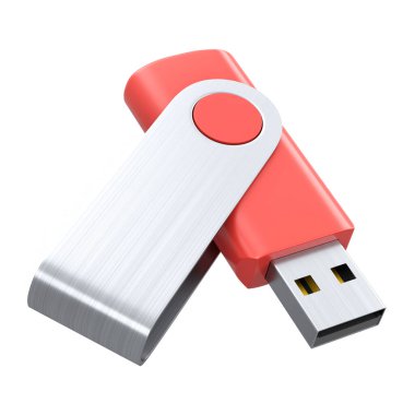 Taşınabilir kırmızı USB flaş bellek beyaz arkaplanda izole edildi. Ev işi stüdyo çalışma alanı için 3 boyutlu aksesuar hazırlama