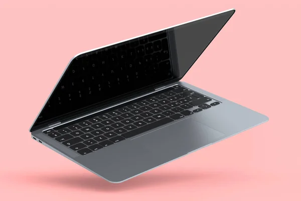 Realistyczny Aluminiowy Laptop Pustym Białym Ekranem Różowym Tle Renderowanie Zamkniętego — Zdjęcie stockowe