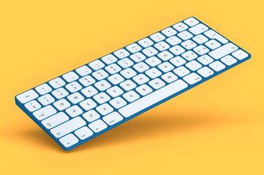 Turuncu arka planda numpad izole edilmiş modern mavi alüminyum bilgisayar klavyesi. Ev ofisi ve çalışma alanı için 3B ekipman hazırlama