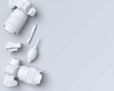 Var olmayan DSLR kamera, lens ve hız lambası gibi tek renkli tasarım çalışma alanı ve teçhizatının üst görüntüsü siyah arkaplanda. İllüstratör ve fotoğrafçılık araçları için aksesuarların 3d görüntülenmesi