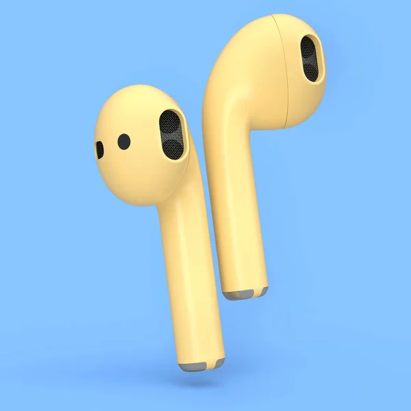 Бездротові Bluetooth Жовті Навушники Ізольовані Синьому Фоні Візуалізація Аксесуарів Прослуховування — стокове фото