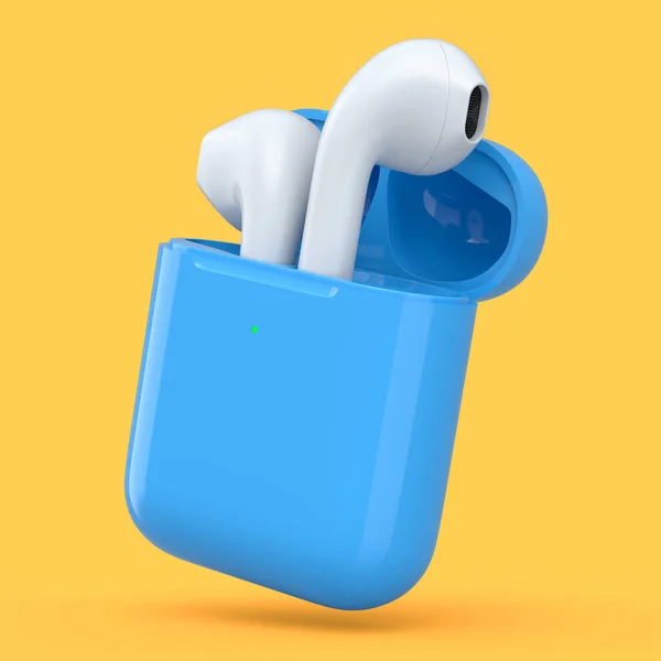 Auriculares Inalámbricos Bluetooth Estuche Azul Aislados Sobre Fondo Naranja Representación —  Fotos de Stock