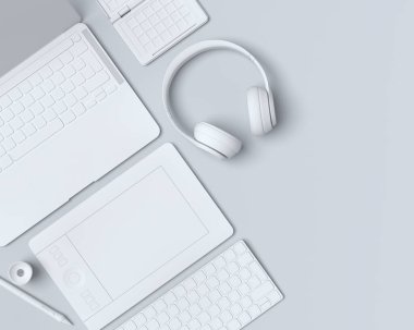 Tek renkli tasarım çalışma alanının üst görüntüsü ve dizüstü bilgisayar, tablet, klavye ve telefon gibi teçhizatlar siyah masa arkasında. Çizim ve illüstratör ya da fotoğraf araçları için 3d aksesuar kırmızısı