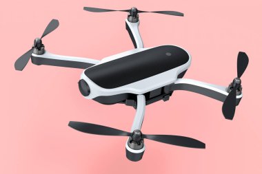 Pembe arka planda kameralı uçan fotoğraf ve video beyaz drone veya kuadkopter. Dağıtım veya hava fotoğrafçılığı için aygıtın 3B görüntülemesi