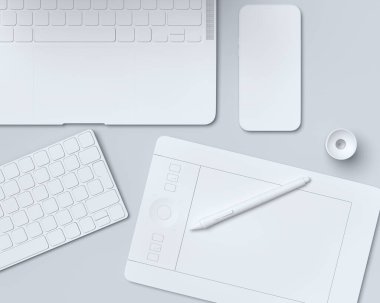 Tek renkli tasarım çalışma alanının üst görüntüsü ve dizüstü bilgisayar, tablet, klavye ve telefon gibi teçhizatlar siyah masa arkasında. Çizim ve illüstratör ya da fotoğraf araçları için 3d aksesuar kırmızısı