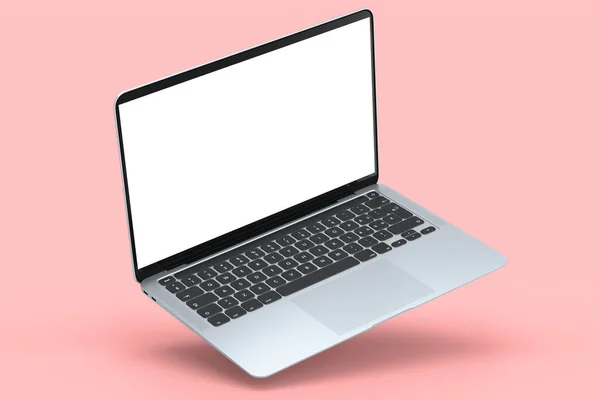 现实的铝笔记本电脑 空白的白色屏幕显示隔离在粉红色的背景 家庭工作室工作空间开放便携式计算机的三维渲染 — 图库照片