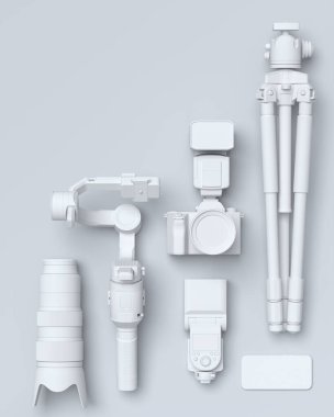 Var olmayan DSLR kamera, lens, tripod ve hız lambası gibi monokrom tasarımlı çalışma alanının üst görünümü ve teçhizat siyah arka planda yanıp sönüyor. İllüstratör ve fotoğrafçılık aracı için 3d aksesuar kırmızısı