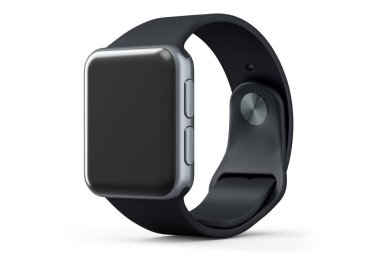 Beyaz arka planda siyah kayışı olan paslanmaz gümüş akıllı saat. Giyilebilir aygıt sağlığı ve fitness izleyicisi için 3B yorumlama kavramı