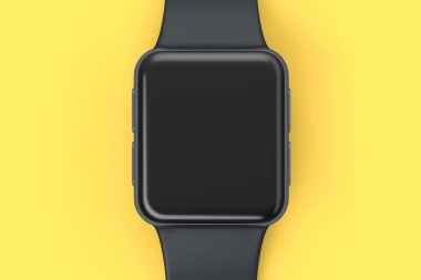 Sarı arka planda siyah deri kayışı olan paslanmaz gümüş akıllı saat. Giyilebilir aygıt sağlığı ve fitness izleyicisi için 3B yorumlama kavramı