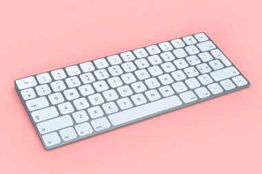 Modern alüminyum klavye pembe arka planda izole edilmiş. Ev ofisi ve çalışma alanı için 3B ekipman hazırlama