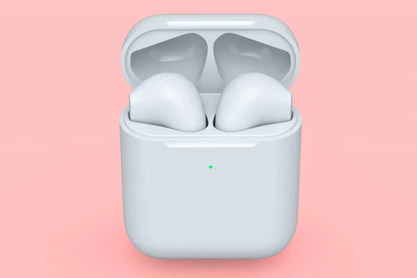 Auriculares Inalámbricos Bluetooth Estuche Blanco Aislados Sobre Fondo Rosa Representación —  Fotos de Stock