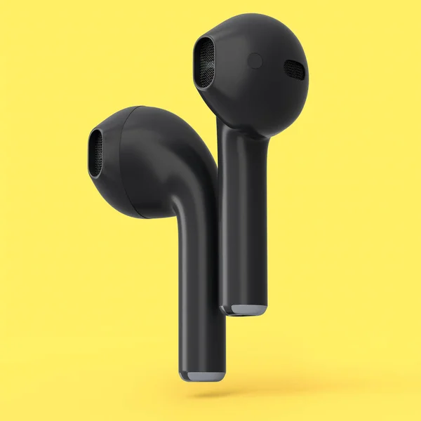 Auriculares Inalámbricos Bluetooth Negro Aislados Sobre Fondo Amarillo Representación Accesorios —  Fotos de Stock