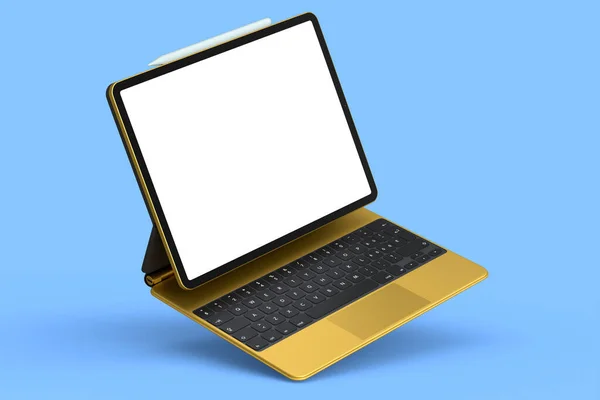 Złoty Tablet Komputerowy Złotą Klawiaturą Czystym Ekranem Niebieskim Tle Koncepcja — Zdjęcie stockowe