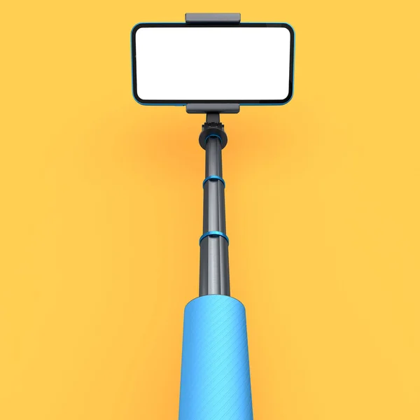 Ρεαλιστικό Smartphone Λευκή Οθόνη Και Selfie Stick Απομονωμένο Πορτοκαλί Φόντο — Φωτογραφία Αρχείου