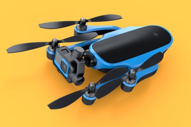 Uçan fotoğraf ve video siyah İHA ya da kuadkopter. Kamera sarı arkaplanda izole edilmiş. Dağıtım veya hava fotoğrafçılığı için aygıtın 3B görüntülemesi