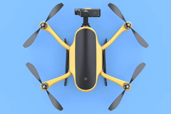 Flying photo and video yellow drone or quadcopter with action camera isolated on blue background. 3D rendering of device for delivery or aerial photography