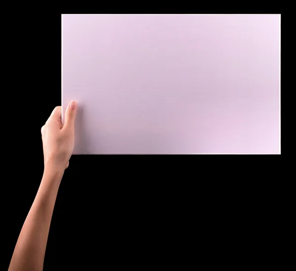 Manos sosteniendo gran banner de papel en blanco — Foto de Stock