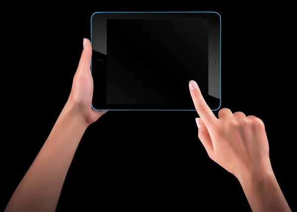 Планшетний комп'ютер з сенсорним екраном з рукою — стокове фото