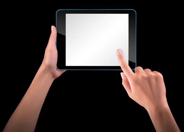 Планшетний комп'ютер з сенсорним екраном з рукою — стокове фото