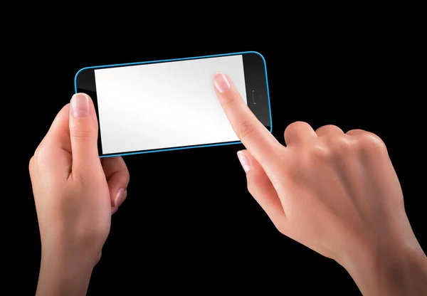 Mão segurando smartphone preto com tela em branco — Fotografia de Stock