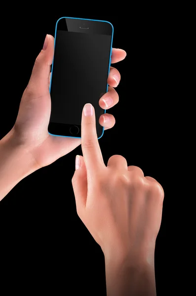 Mano sosteniendo teléfono inteligente negro con pantalla en blanco —  Fotos de Stock